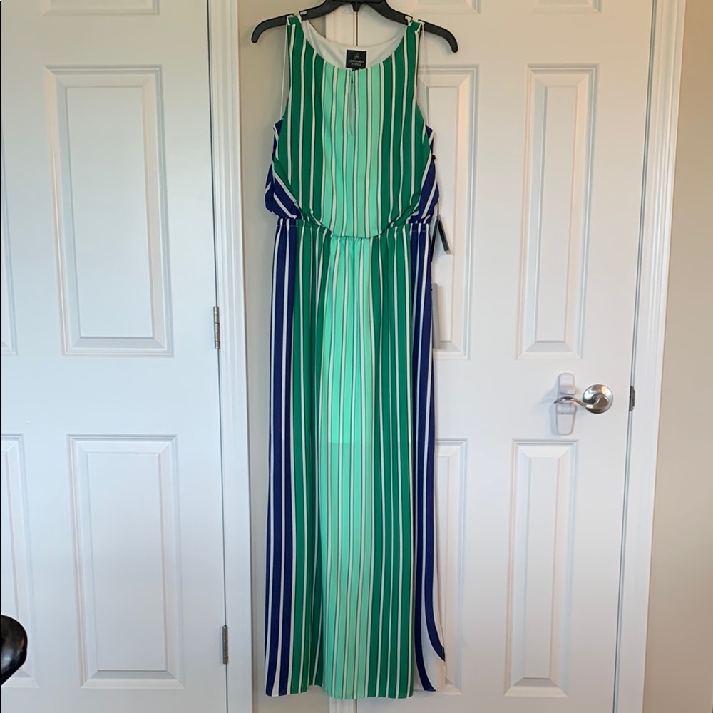 Adrianna Papell Green and Blue Blouson Keyhole Maxi Sundress